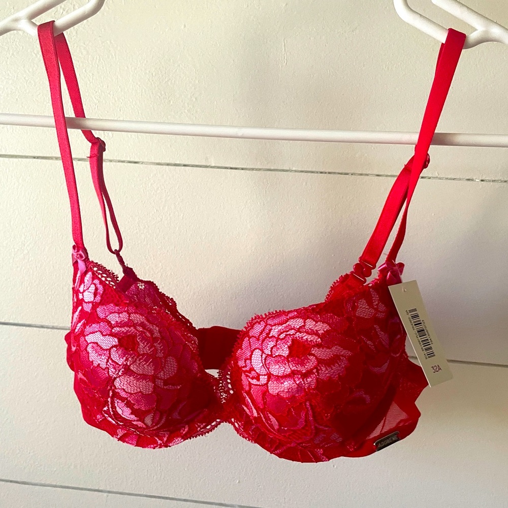 Red and pink lace push-up bra